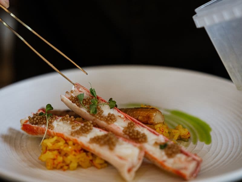 King crab dinner at Borealis Basecamp's restaurant, Latitude 65